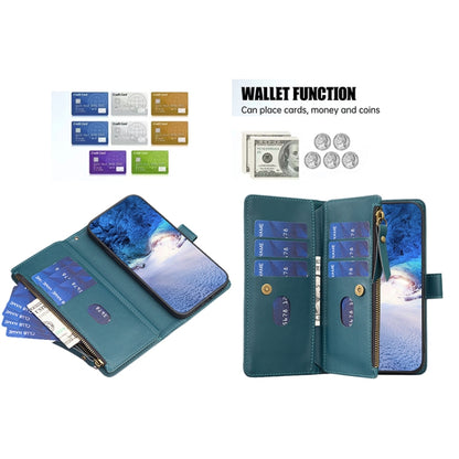 Teal blue leather wallet phone case with card slots and zipper compartment