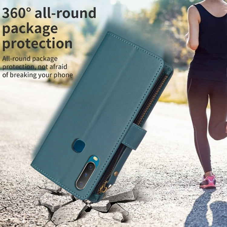 Teal blue leather zipper wallet phone case with flip cover and camera cutout