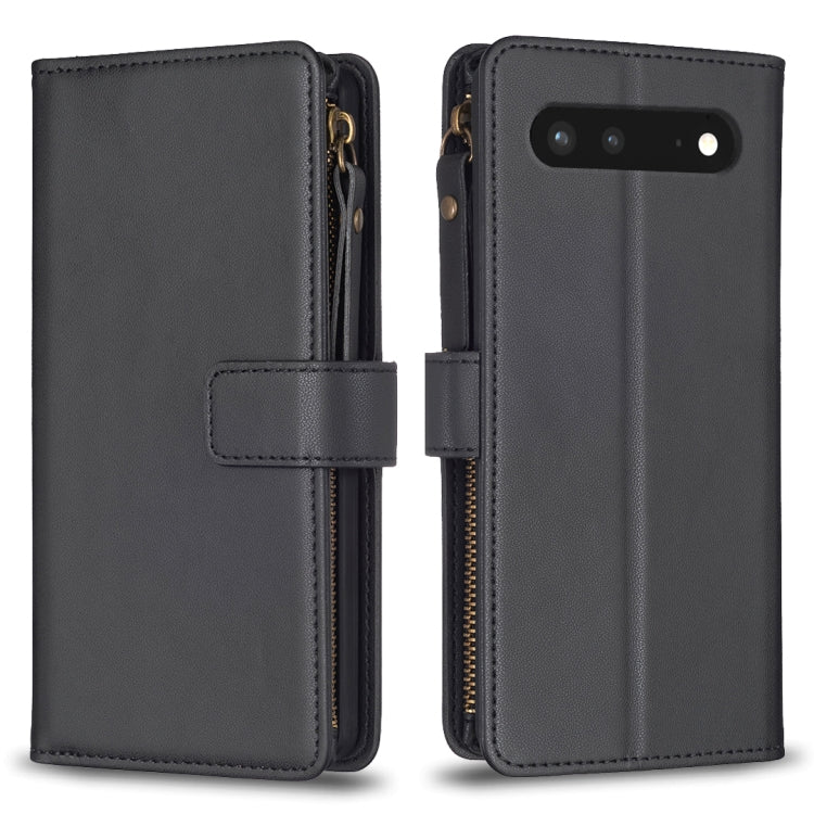 Dark leather flip phone wallet case with side zipper, card slots, and front strap cover