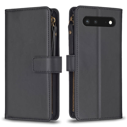 Dark leather flip phone wallet case with side zipper, card slots, and front strap cover
