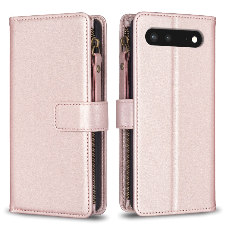 Rose gold leather flip phone wallet case with side zipper, card slots, and front strap cover