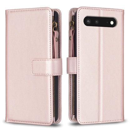 Rose gold leather flip phone wallet case with side zipper, card slots, and front strap cover