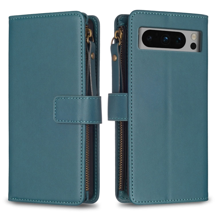 Teal leather flip phone wallet case with zipper, front card slot, and wrist strap