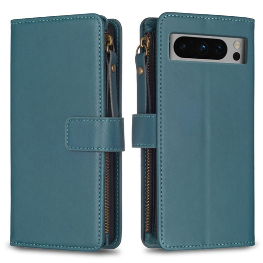 Teal leather flip phone wallet case with zipper, front card slot, and wrist strap