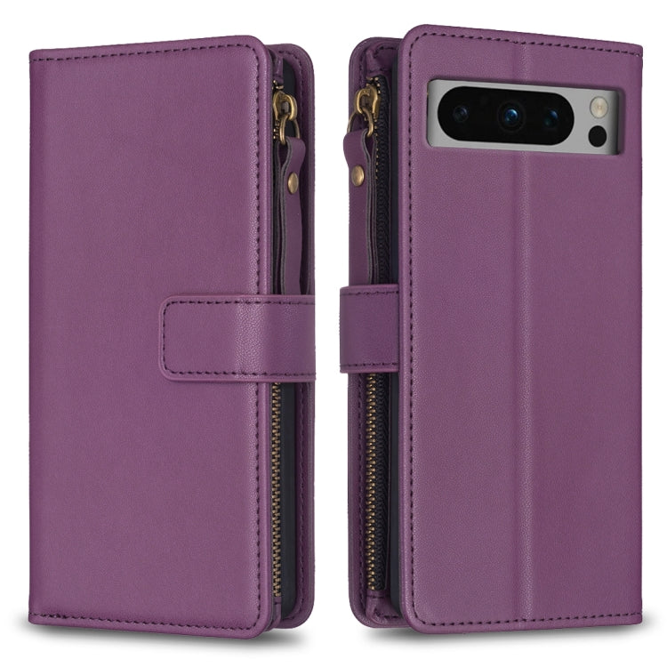 Purple leather flip phone wallet case with zipper and front card holder strap
