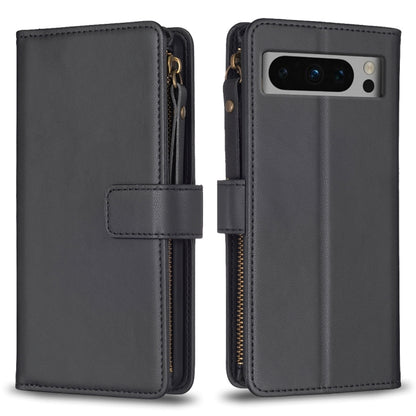 Black leather flip phone wallet case with zipper and front card slot strap