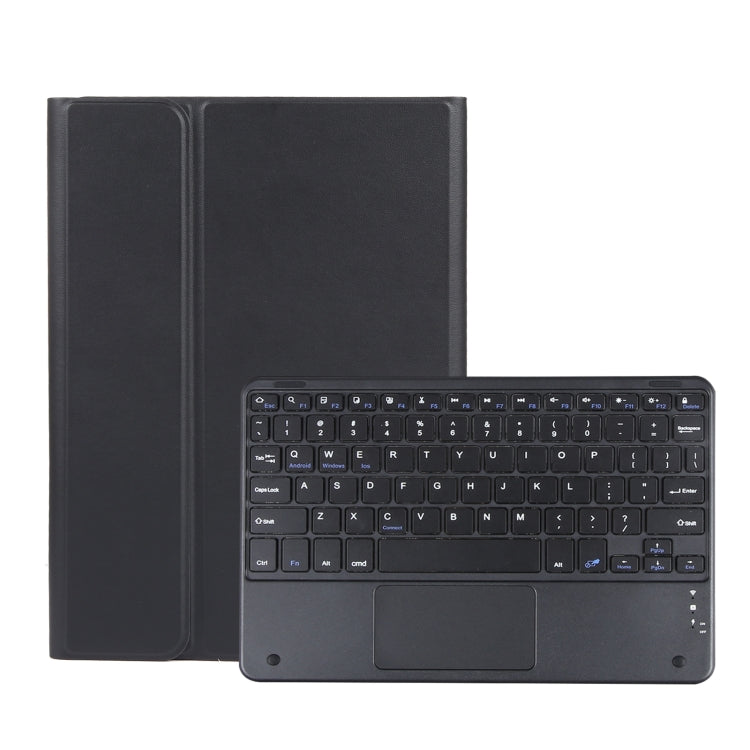 Ultra-thin Bluetooth keyboard case with built-in trackpad, keyboard visible, dark gray
