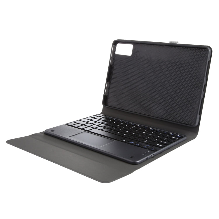 Bluetooth keyboard folio case with textured back panel, dark gray, open for typing