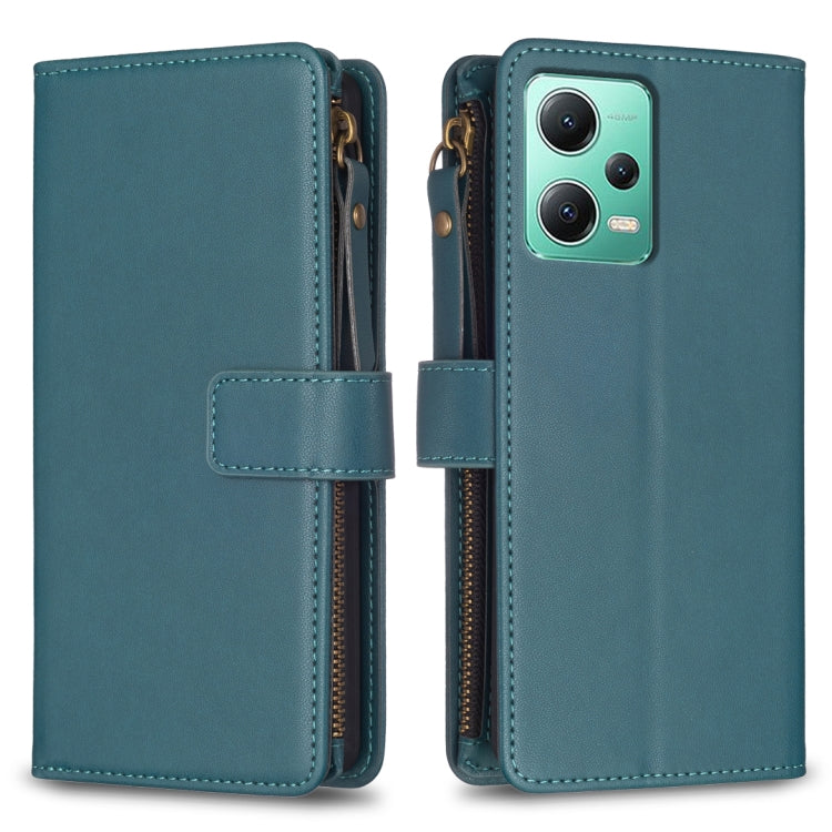 Teal leather flip phone wallet with zipper, card slots, and magnetic strap closure.