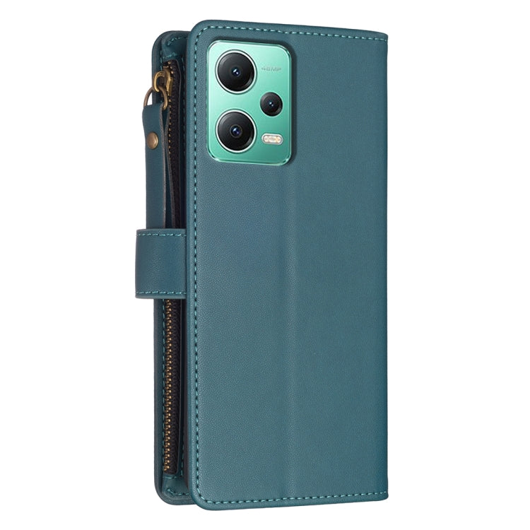 Teal leather flip phone wallet with zipper and front card holder strap.