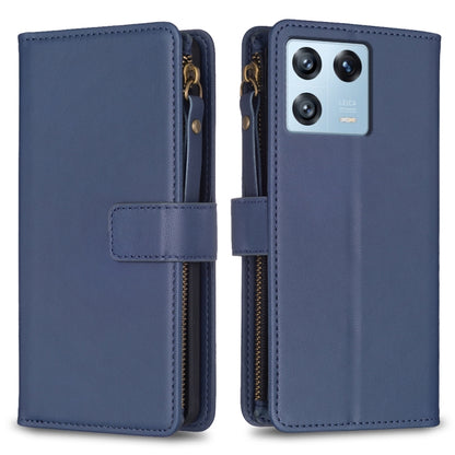 Blue leather flip phone case with zipper, 9 card slots, magnetic flap.