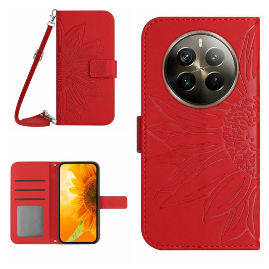 Red embossed flower flip leather phone case with lanyard, wallet-style card slots