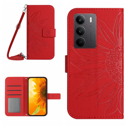 Embossed flip leather phone case with lanyard, red with sunflower leaf pattern