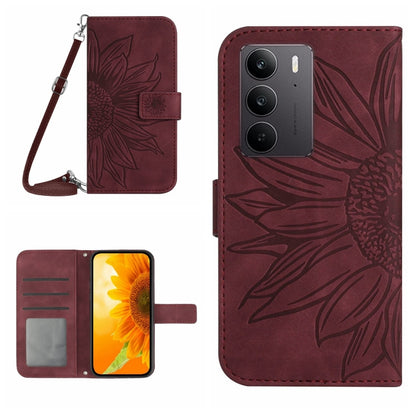 Wine red embossed sunflower flip phone case with strap, card holder and magnetic flap.