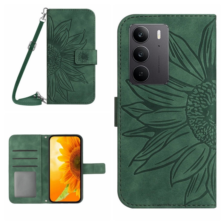 Dark green embossed sunflower flip phone case with strap, card slot and secure magnetic closure.