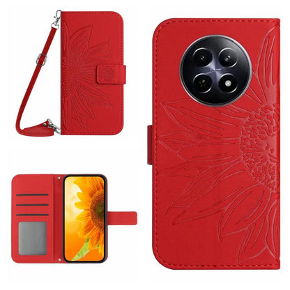 Red embossed sunflower flip phone case with strap, card slot and separate camera lens opening.