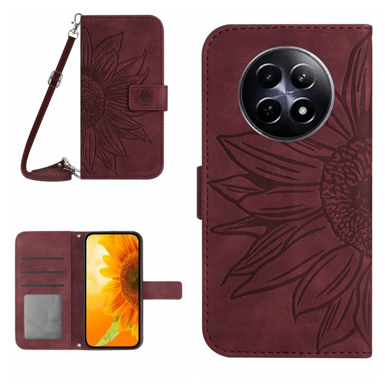 Burgundy embossed flower leather phone case with lanyard, card slots, and foldover cover