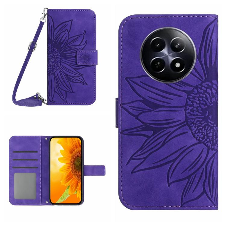 Purple embossed flower leather phone case with lanyard, card slots, and foldover cover