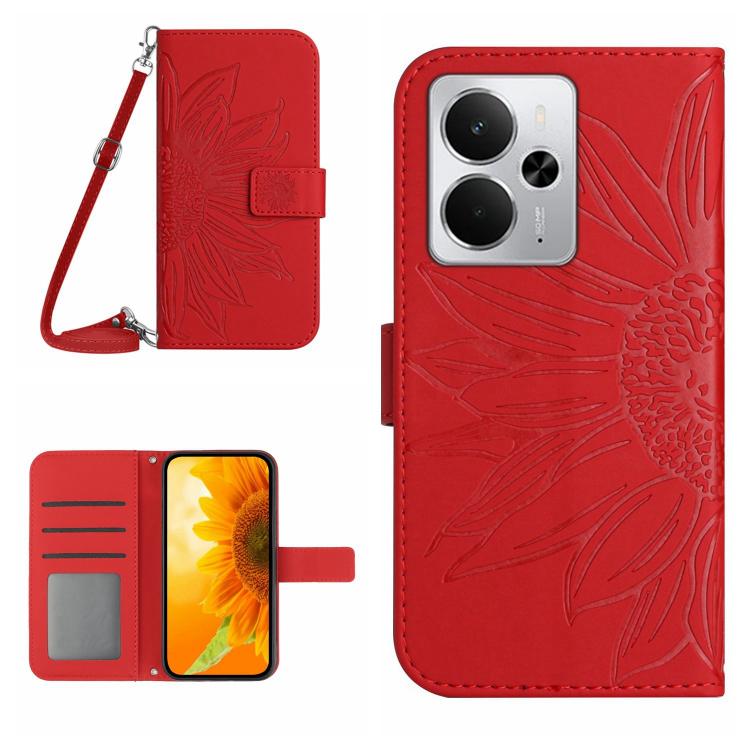 Red embossed flower flip phone wallet case with lanyard, card slot and magnetic flap