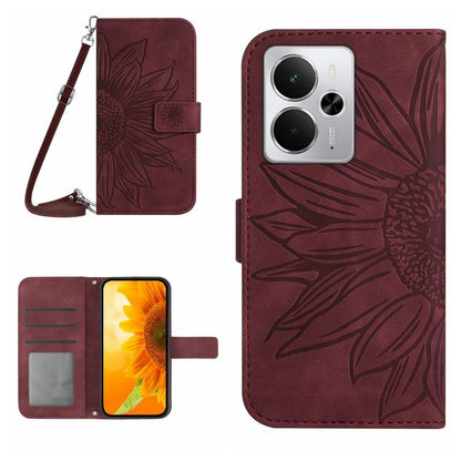 Wine red embossed flip phone case with lanyard, card slots, and camera cutout.