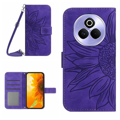 Embossed leather flip phone case with lanyard, purple sunflower pattern, card slots