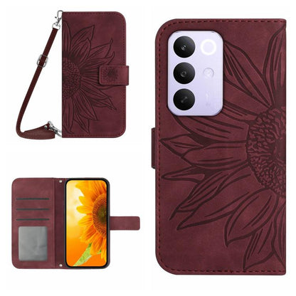 Wine red leather phone case with lanyard, embossed flower, flip wallet cover