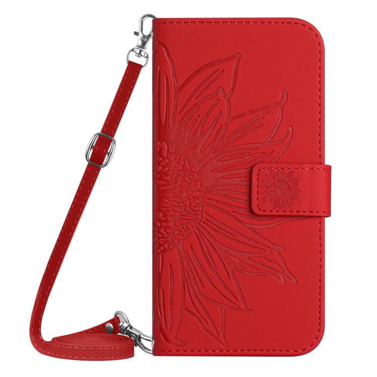 Red embossed flower folio phone case with side lanyard strap and snap closure