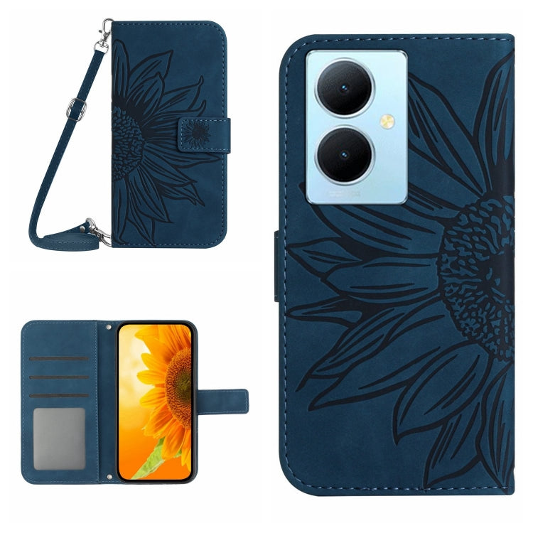 Dark blue embossed flip leather phone case with lanyard, card slots, and camera cutout.