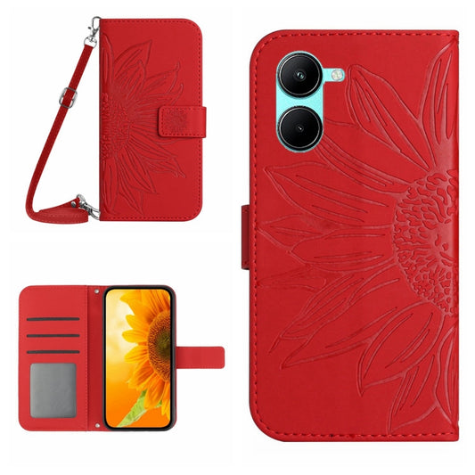 Red embossed flower folio phone case with lanyard strap and card holder slot
