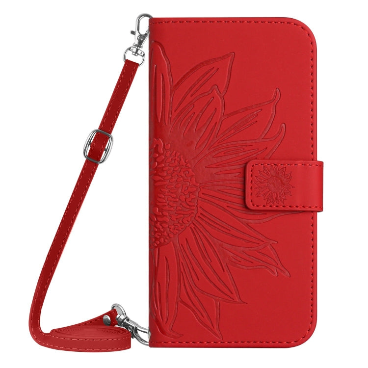 Red embossed flower flip phone case with detachable wrist lanyard strap