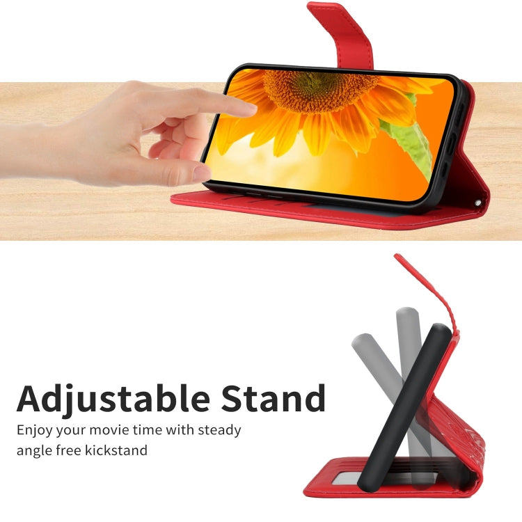 Red embossed flower folio phone case with adjustable stand viewing angle