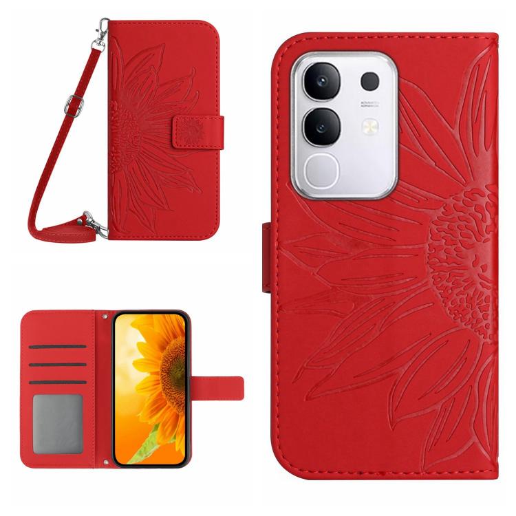 Red embossed flip leather phone case with lanyard, visible camera cutout and card slots