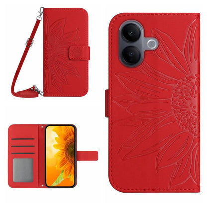 Embossed sunflower flip phone case with lanyard, red leather-look cover and card slot