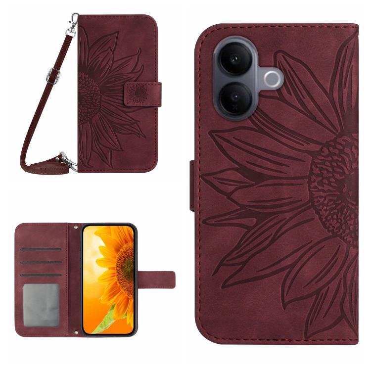 Embossed-flower flip leather phone case with lanyard, wine red, card slot window