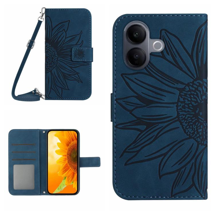 Embossed-flower flip leather phone case with lanyard, dark blue, card slot window