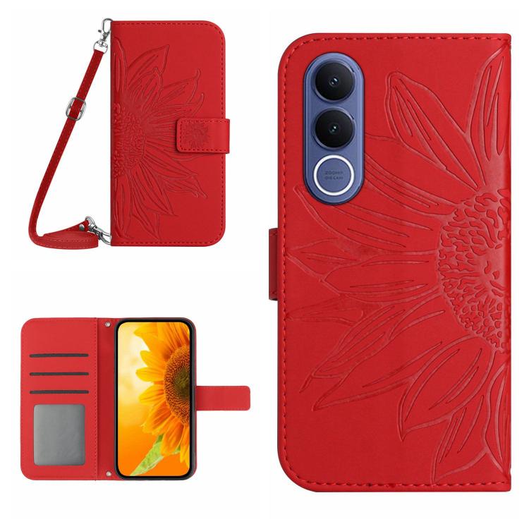 Red embossed flip leather phone case with card slot and wrist lanyard strap