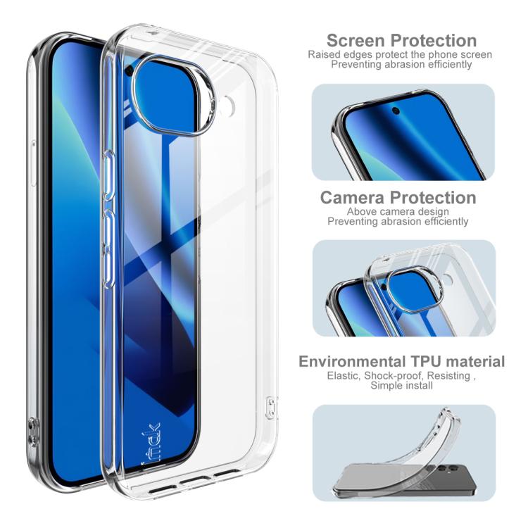 Clear TPU phone case with raised screen rim and camera protection cutout