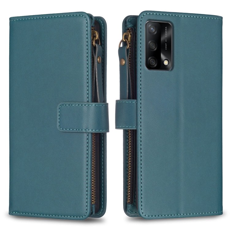 Teal leather flip wallet phone case with zipper and card slots, magnetic strap closure