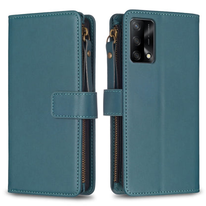 Teal leather flip wallet phone case with zipper and card slots, magnetic strap closure