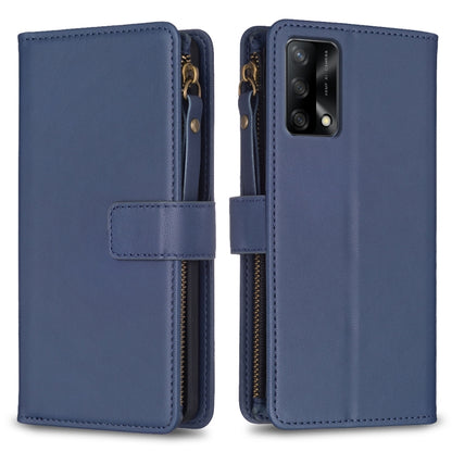 Dark blue leather flip wallet phone case with zipper and card slots, front belt strap