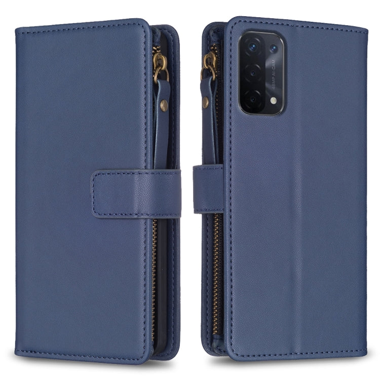Blue leather flip phone wallet with zipper, 9 card slots, and phone camera cutout