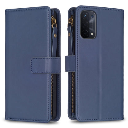 Blue leather flip phone wallet with zipper, 9 card slots, and phone camera cutout