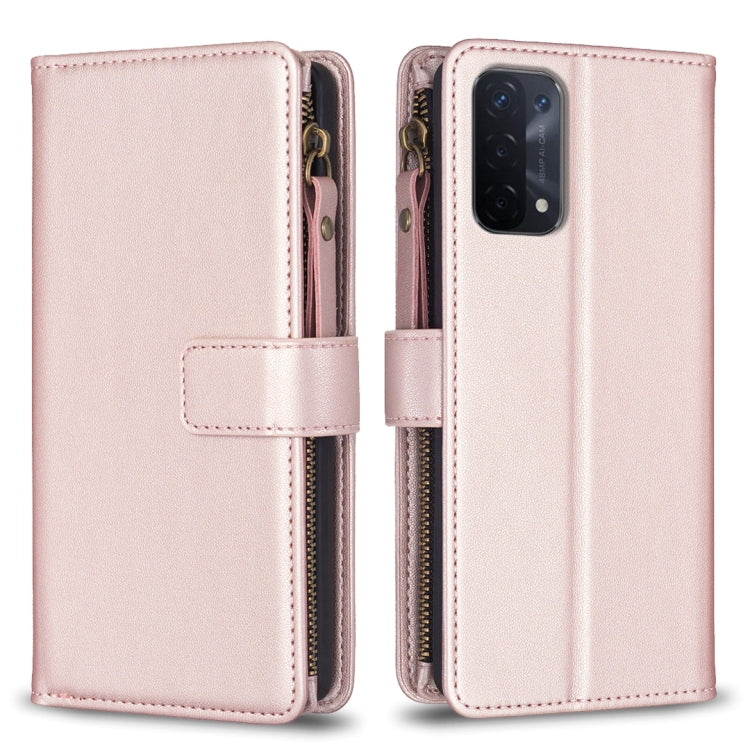 Rose gold leather flip phone wallet with zipper, 9 card slots, and phone camera cutout