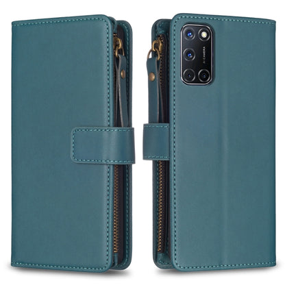 Teal leather wallet phone case with zipper, card slots, and flip cover
