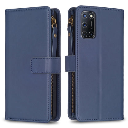 Dark blue leather wallet phone case with zipper, card slots, and flip cover