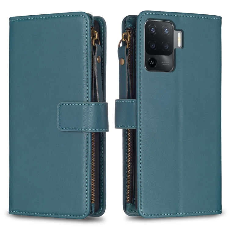 Teal leather flip phone wallet with zipper, card slots, and camera cutout.