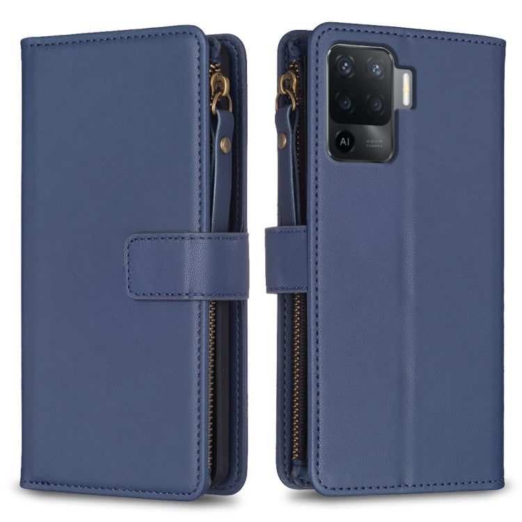 Navy blue leather flip phone wallet with zipper, card slots, and camera cutout.
