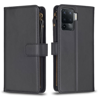 Black leather flip phone wallet with zipper closure, card slots, and camera cutout.