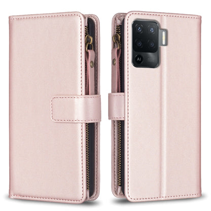 Light pink leather flip phone wallet with zipper, card slots, and rear camera cutout.