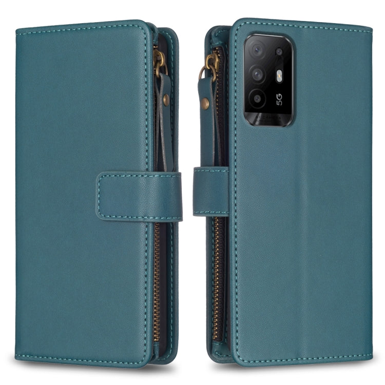 Teal leather flip phone wallet with zipper, card slots, and triple-camera cutout.